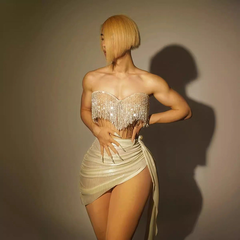 Strapless Crystal Fringe Ruched High Slit Two Piece Set