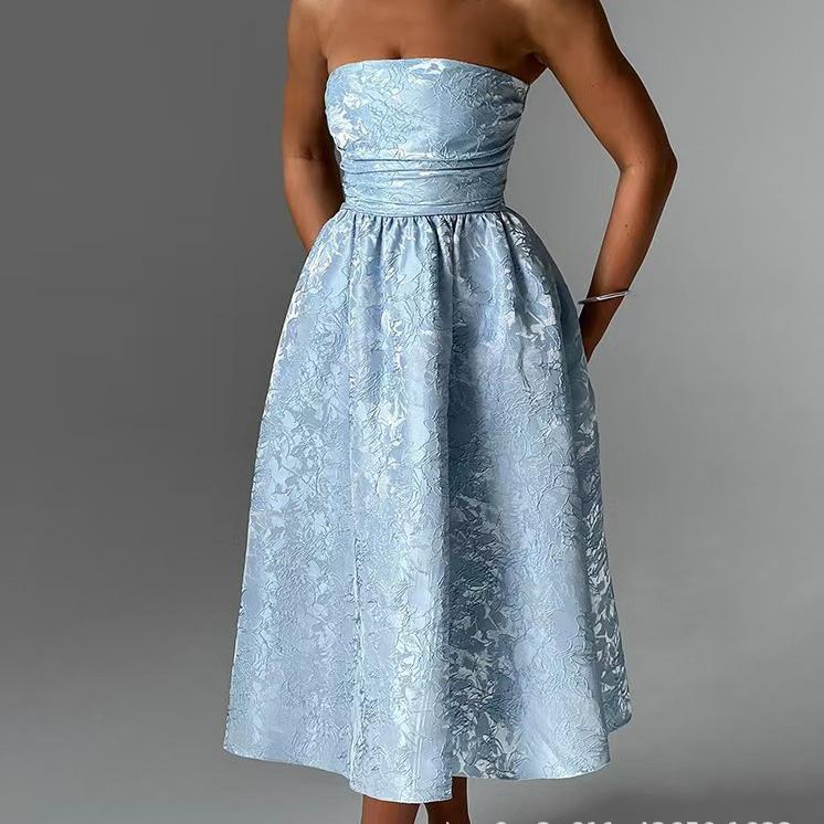 Strapless Jacquard Ruched Waist A-Line Midi Dress