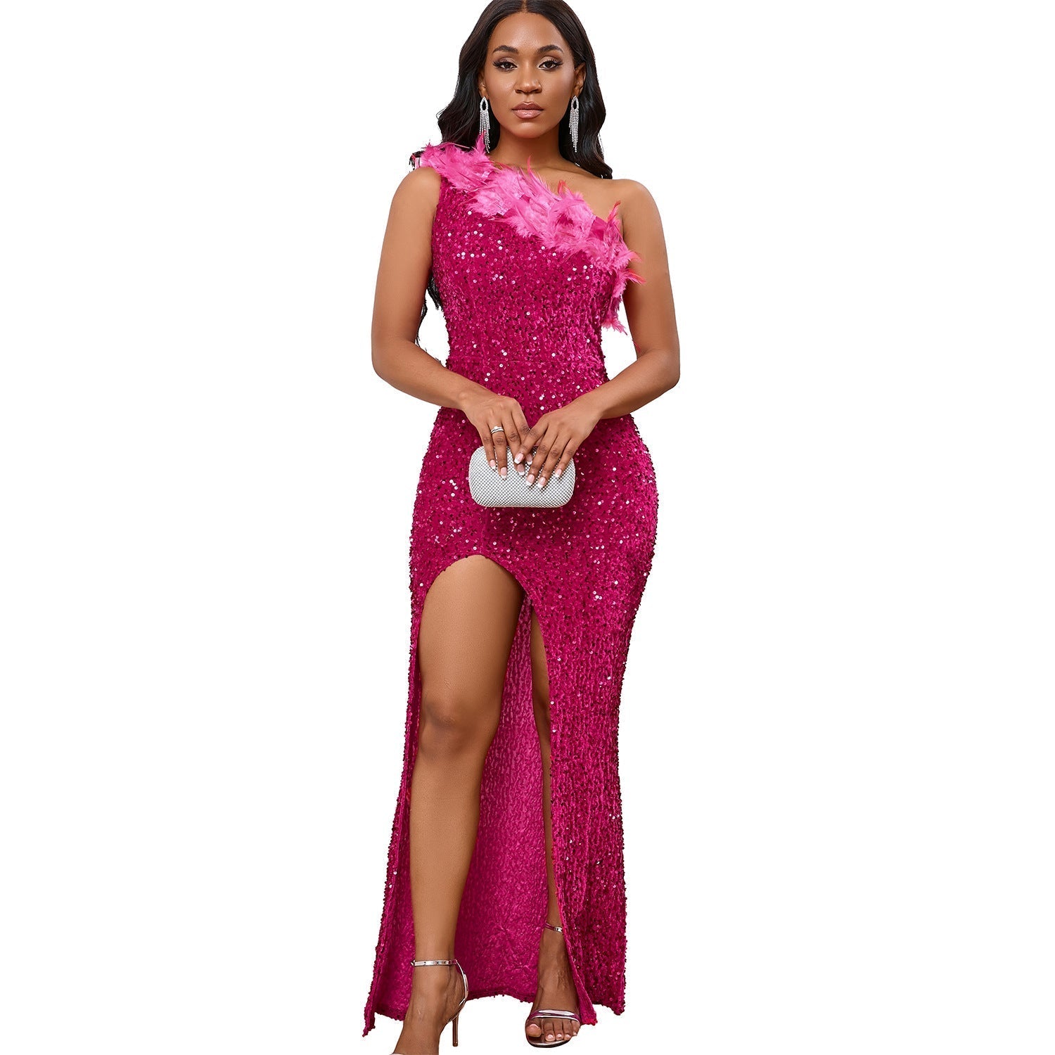 One Shoulder Feather Trim Sequin High Slit Mermaid Gown