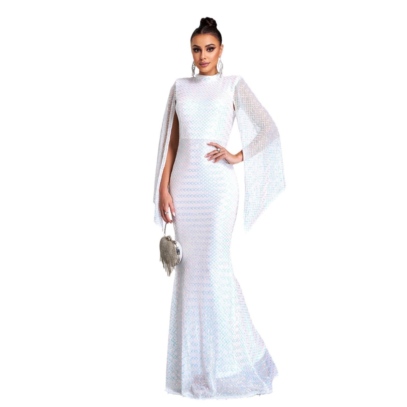 Mock Neck Cape Sleeve Sequin Mermaid Gown