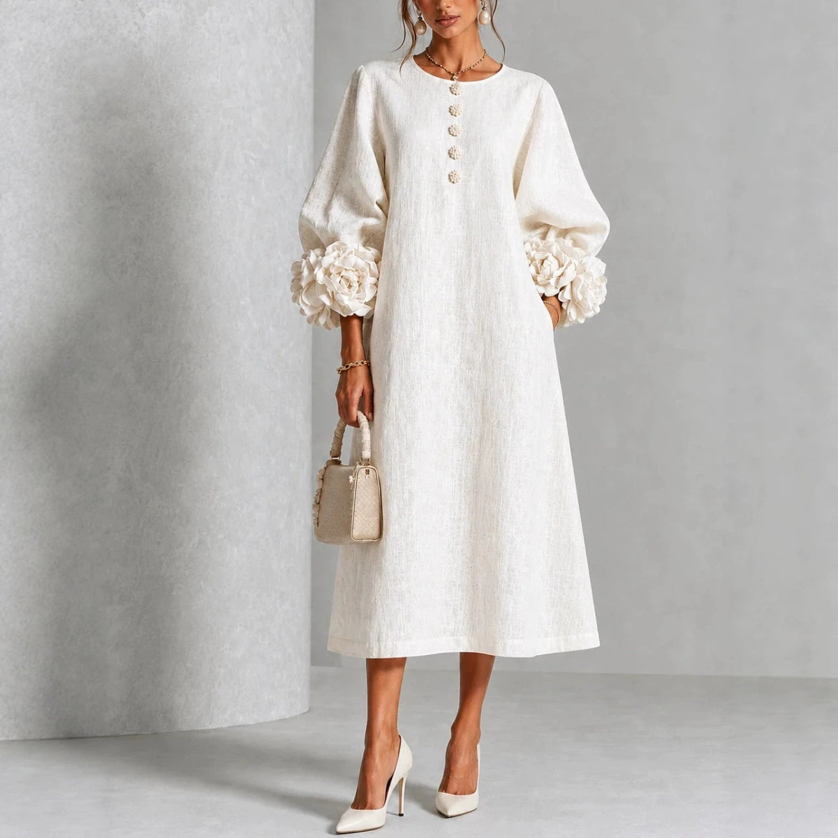 Round Neck Rosette Applique Puff Sleeve Button A-Line Midi Dress 7
