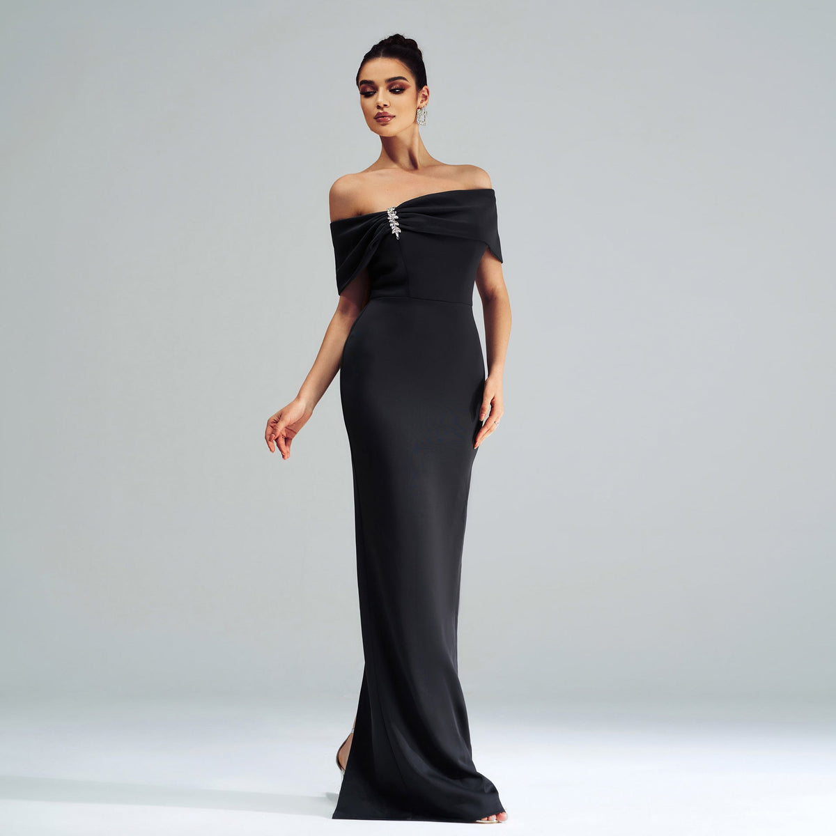 Black Off-Shoulder Draped Crystal Embellished Mermaid Maxi Gown