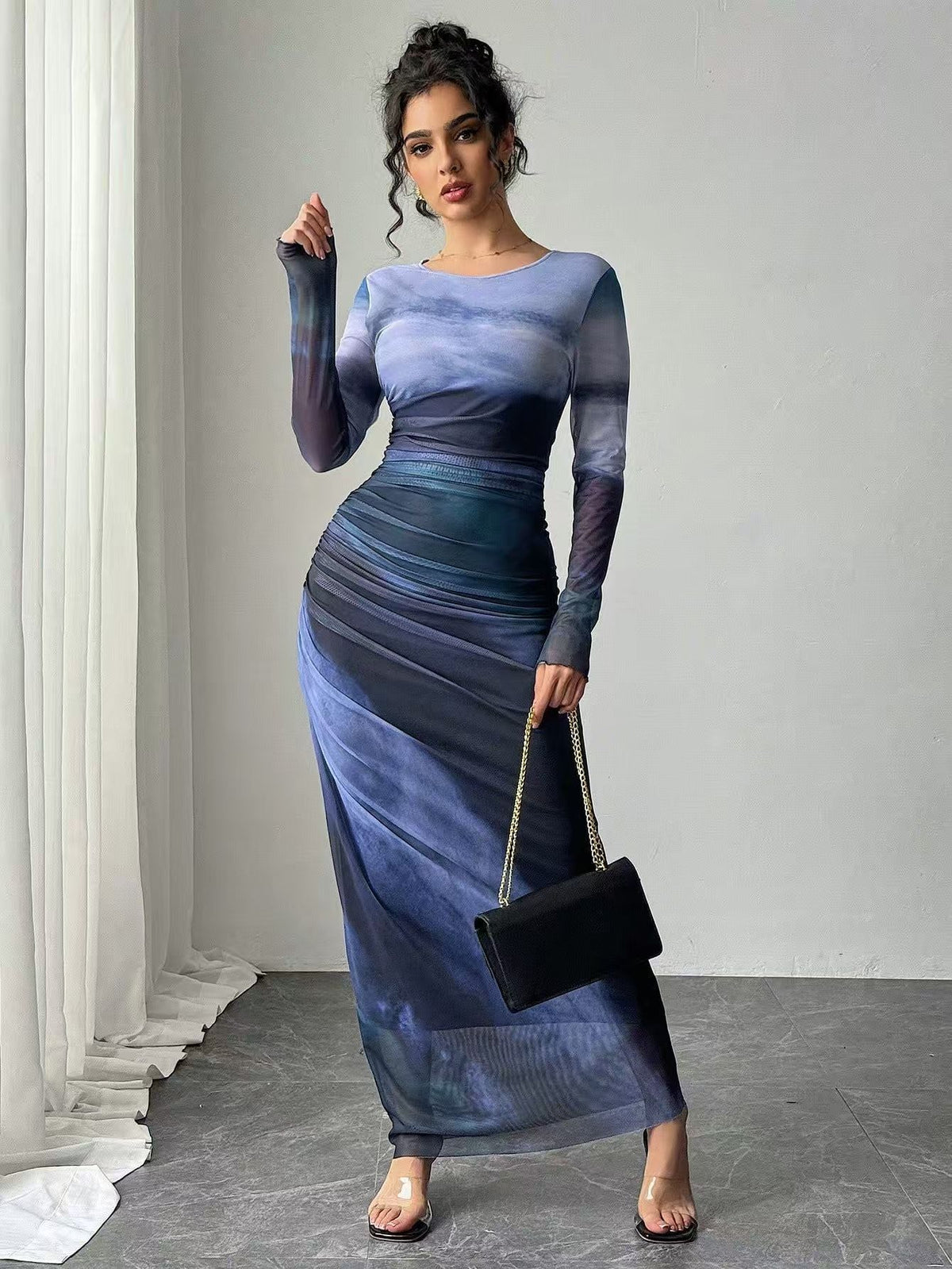Round Neck Long Sleeve Mesh Tie Dye Ruched Bodycon Maxi Dress 7