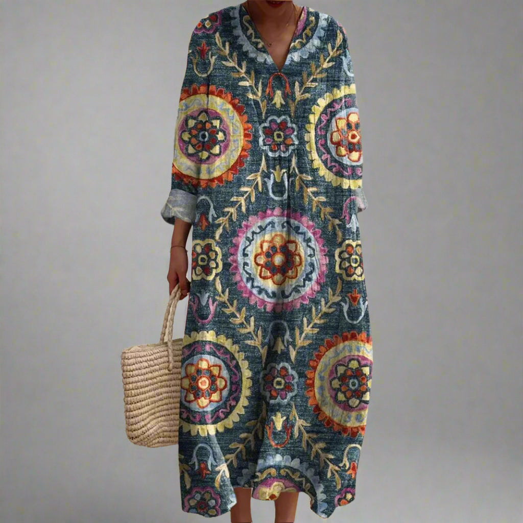 Split V-Neck Long Sleeve Bohemian Medallion Print Shift Maxi Dress