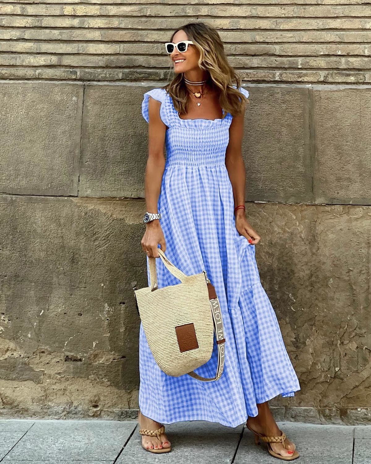 Square Neck Ruffle Strap Smocked Gingham Tiered Maxi Dress