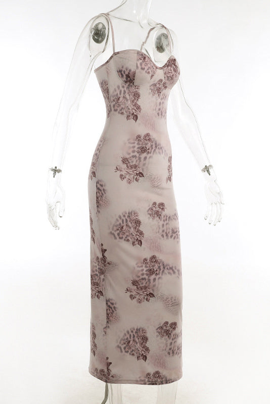 Sweetheart Bodycon Lace Mesh Sleeveless Printed Maxi Dress - Floral