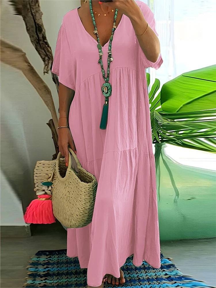 V-Neck Short Sleeve Tiered A-Line Flowy Maxi Dress