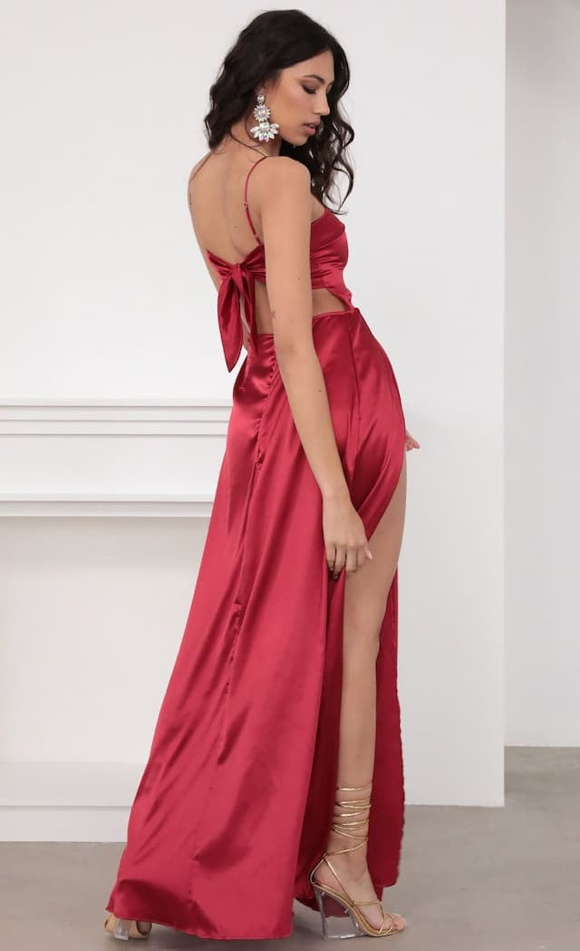 Red Spaghetti Strap Straight Neck Satin High Slit A-Line Maxi Dress 4