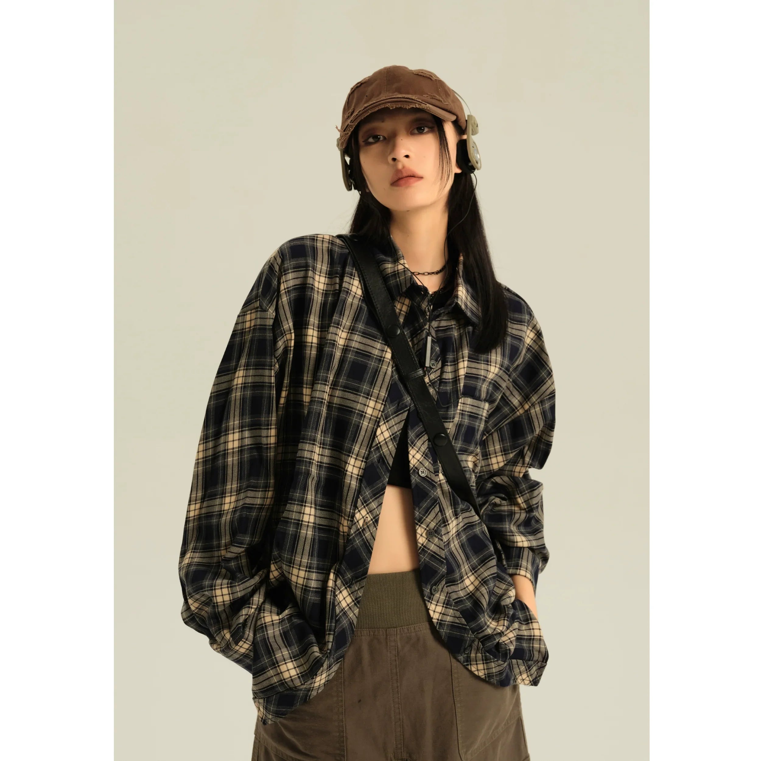 Oversized Navy Plaid Button Up Shirt