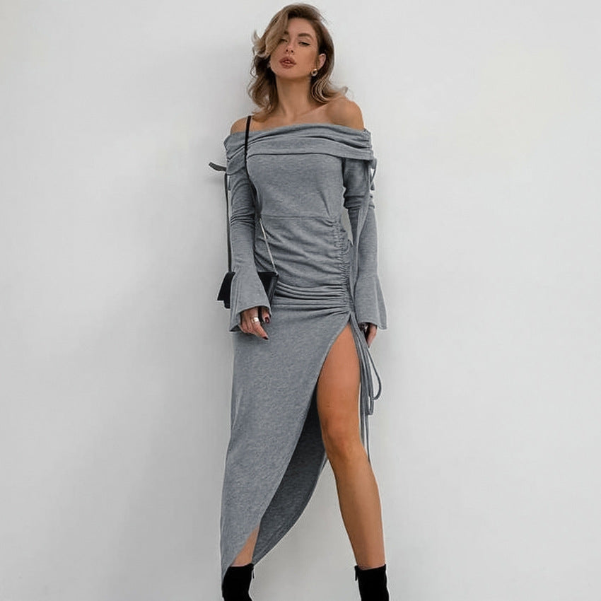 Sunken Stripe off Neck Slim Fit Sheath Split Flare Sleeve Dress Long