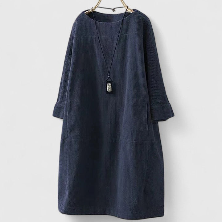Round Neck Corduroy Long Sleeve Pocket Shift Midi Dress