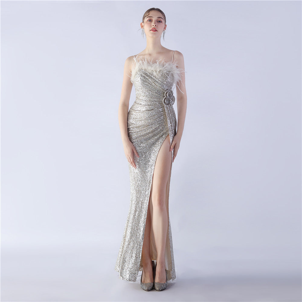 Spaghetti Strap Feather Trim Sequin High Slit Mermaid Gown 3