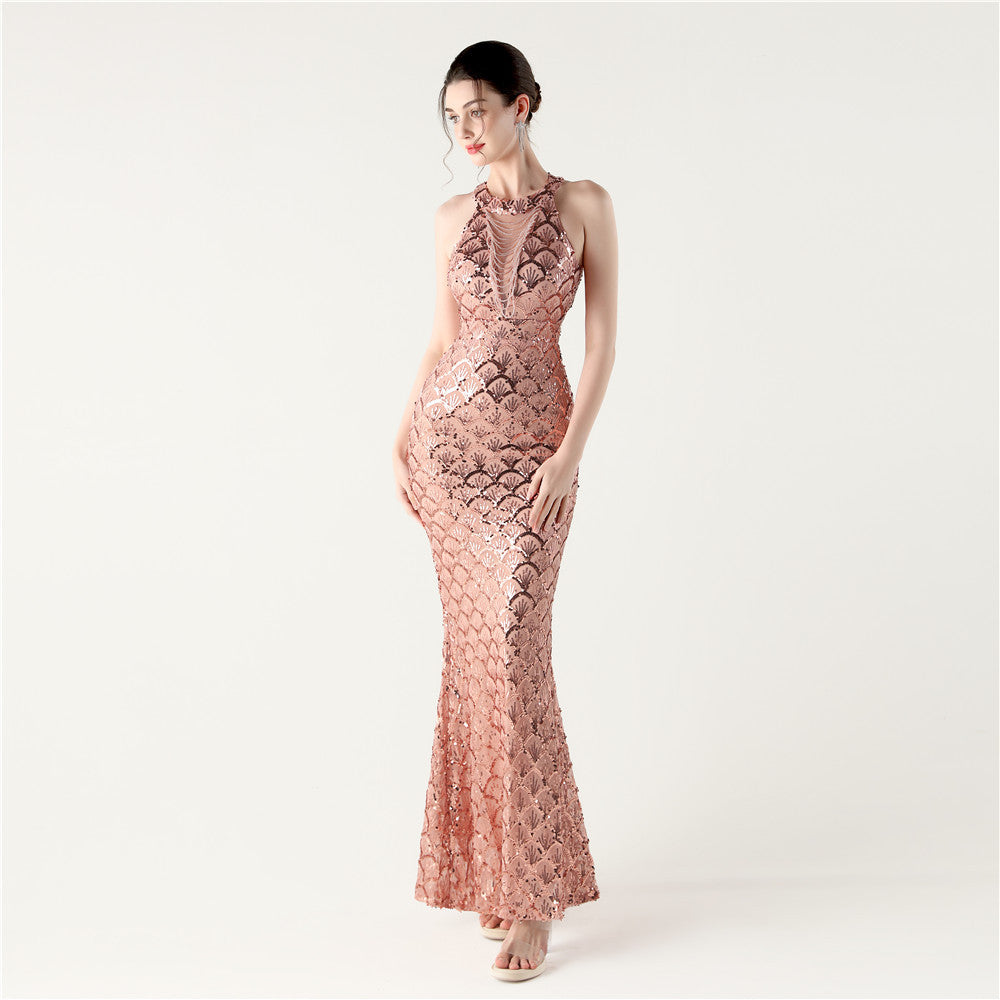 Halter Neck Sequin Illusion Mesh Mermaid Maxi Gown 7
