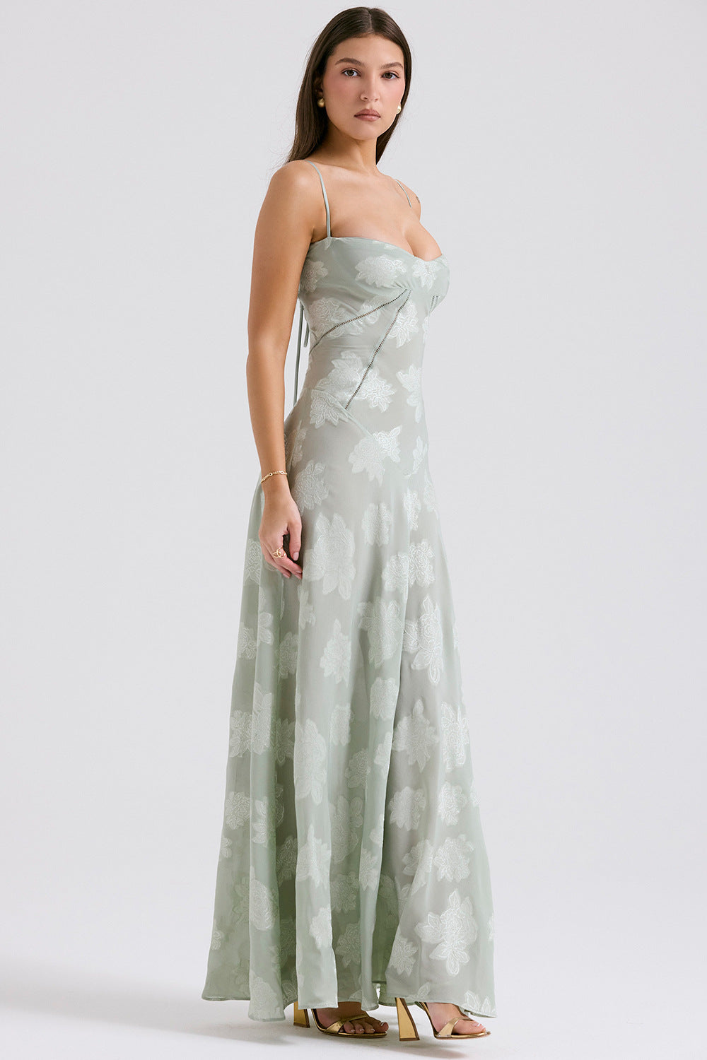 Spaghetti Strap Floral Jacquard Lace-Up Side Satin Maxi Dress