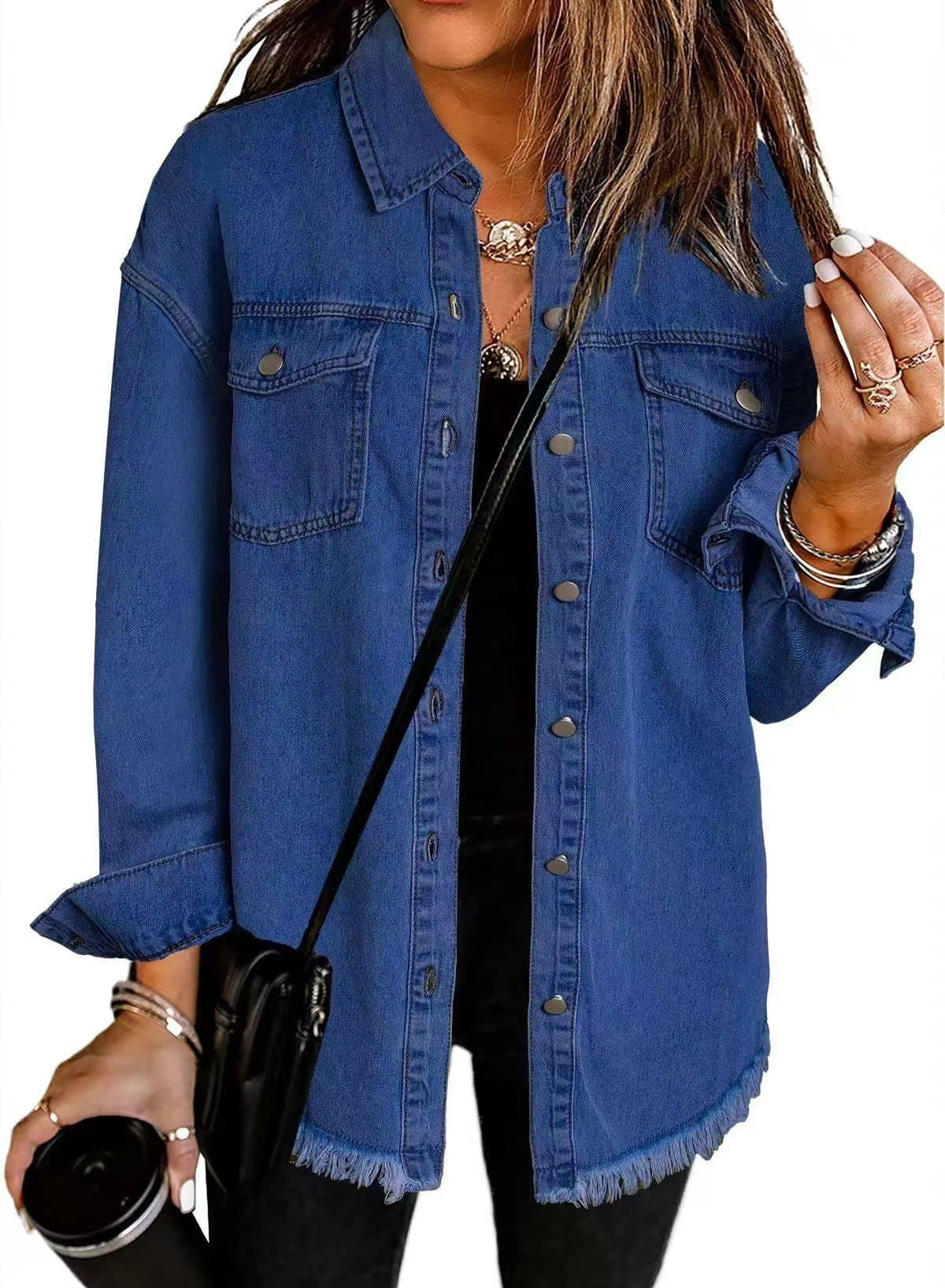 Collared Button-Front Frayed Hem Oversized Denim Jacket