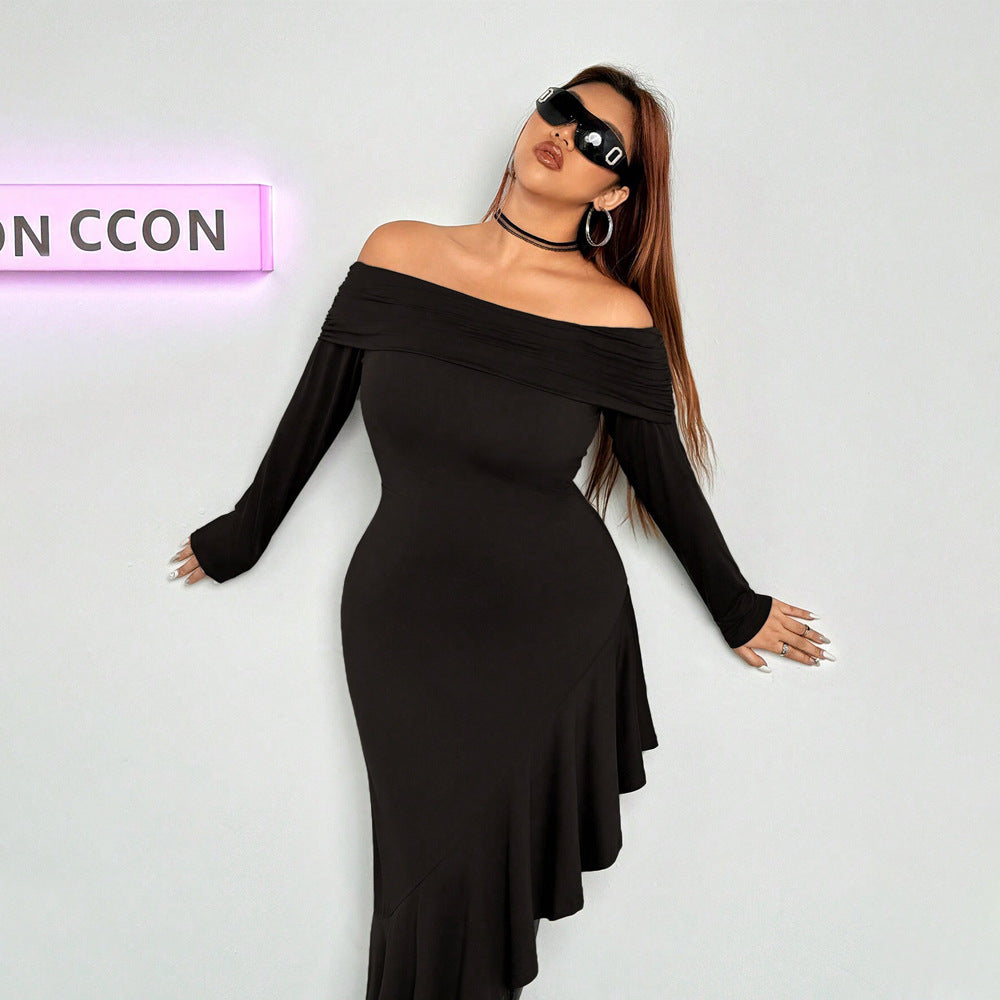 Elegant Dress Boat Collar Wooden Ear Midi Dress