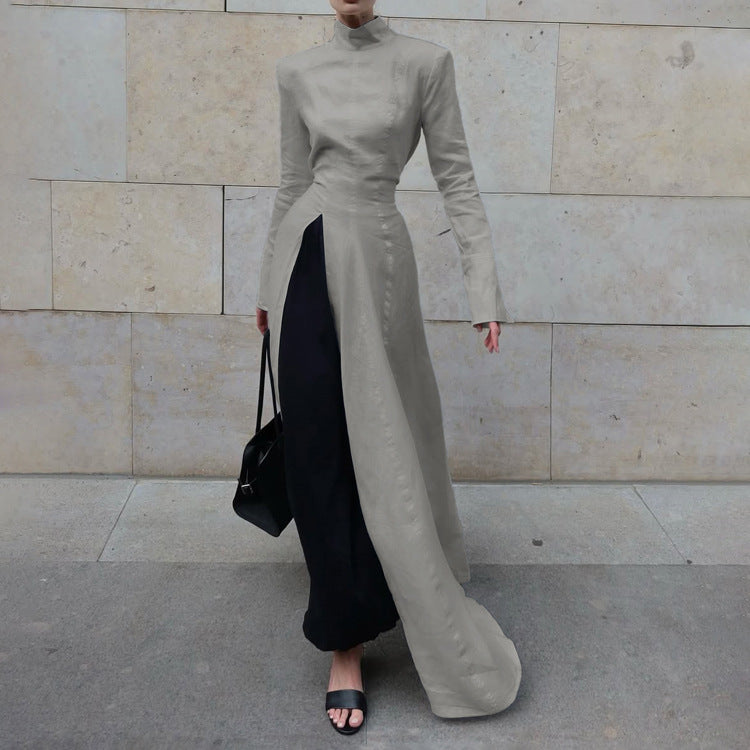 Women Clothing Design Split Spring Stand Collar Long Sleeve High Waist French Maxi Dress