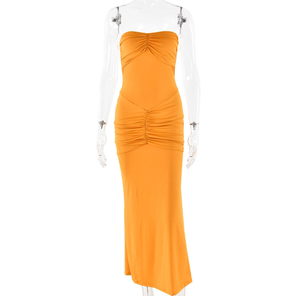 Tight Tube Top Backless Pleated Solid Color Dress Evening Dress
