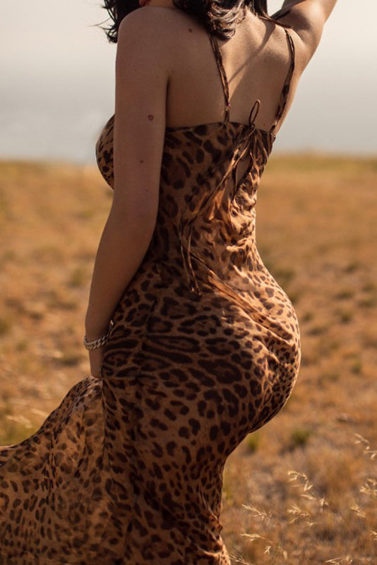Coffee Leopard Spaghetti Strap Cowl Neck Satin Slip Maxi Dress