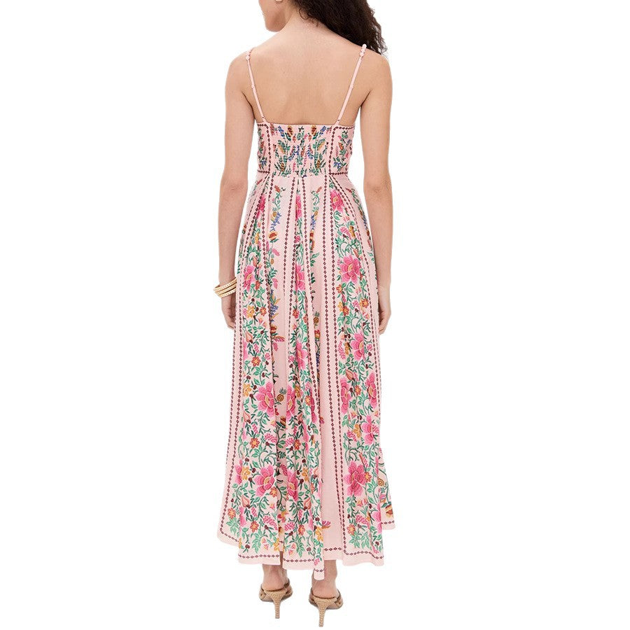 Spaghetti Strap Sweetheart Neck Floral Print Smocked A-Line Maxi Dress
