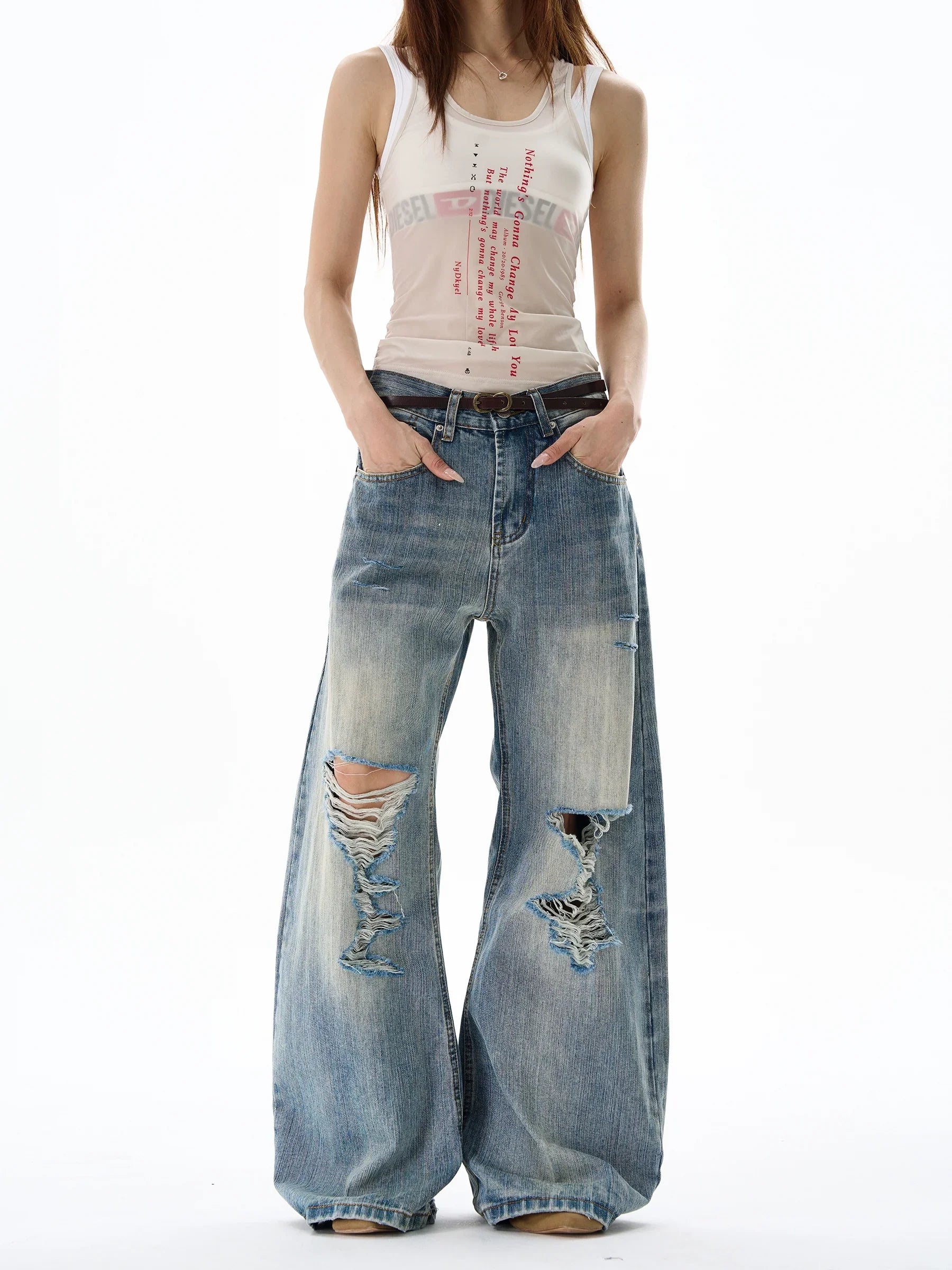 Heavy Knee Distressed Wide Leg Blue Jeans