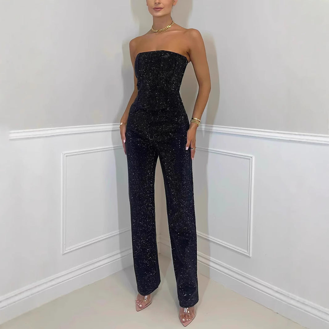 sexy off-shoulder sparkling diamond pants suit