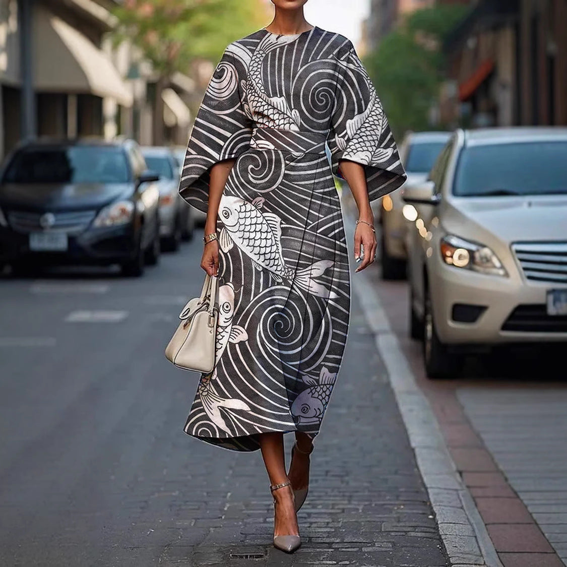 Round Neck Flare Sleeve Abstract Stripe Print A-Line Midi Dress