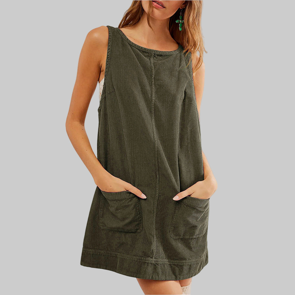 Round Neck Corduroy Patch Pocket Sleeveless A-Line Mini Dress