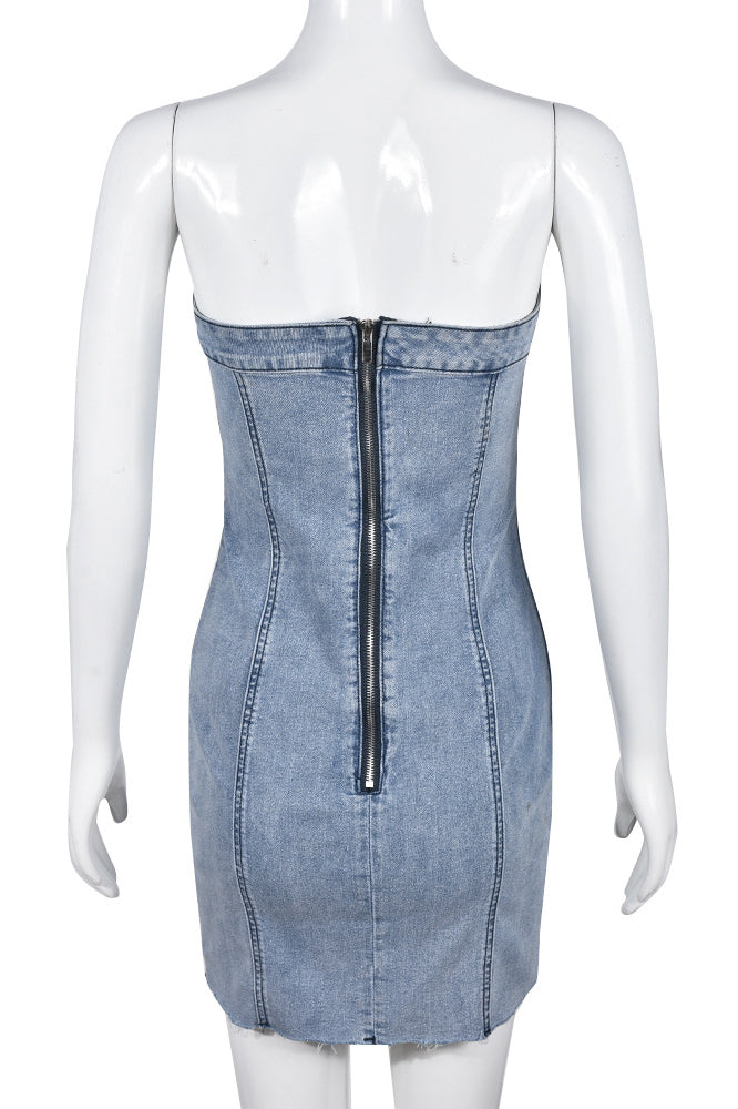 Light Blue Strapless Denim Corset Seam Raw Hem Bodycon Mini Dress