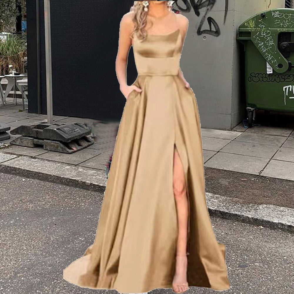 Spaghetti Strap Scoop Neck Satin High Slit A-Line Maxi Gown