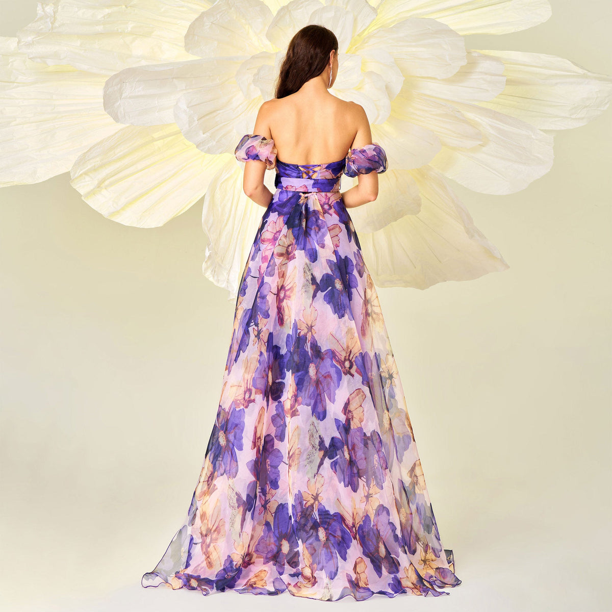 Purple Off-Shoulder Puff Sleeve Floral Chiffon Belted A-Line Maxi Dress