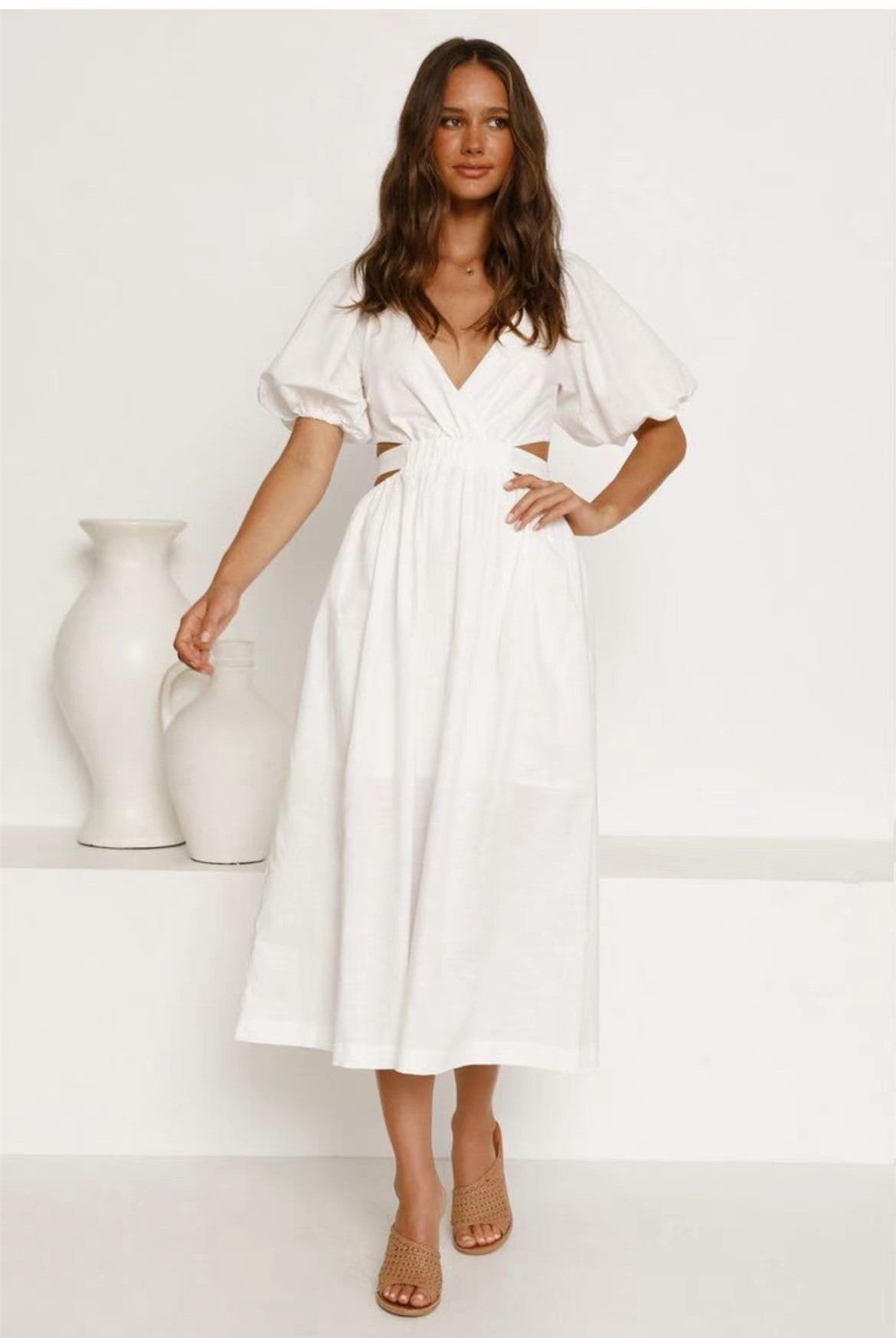White V-Neck Puff Sleeve Waist Cutout Shirred A-Line Midi Dress