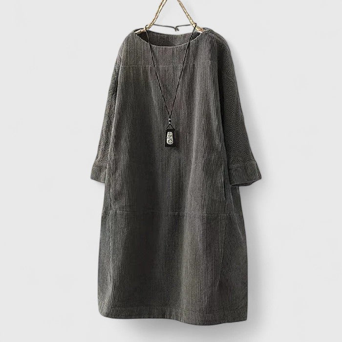 Round Neck Corduroy Long Sleeve Pocket Shift Midi Dress