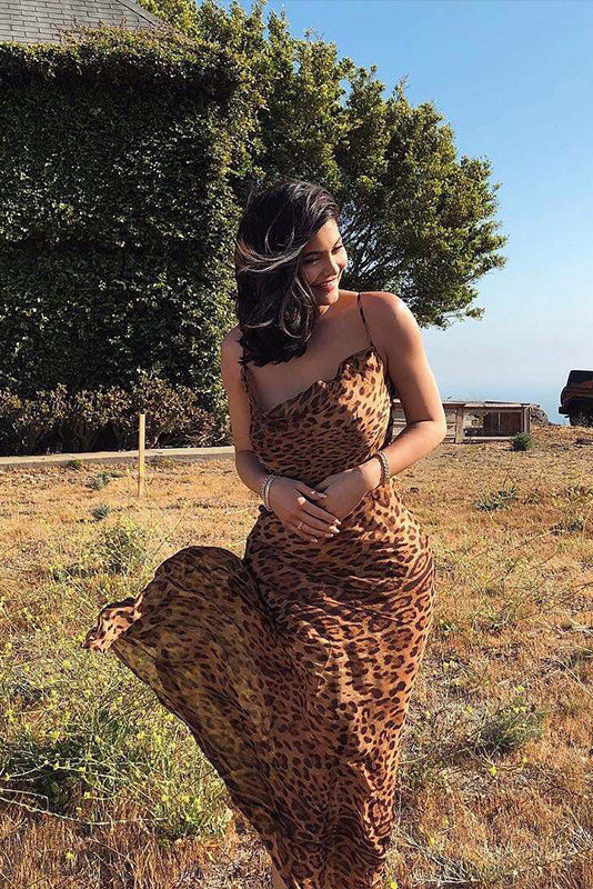 Coffee Leopard Spaghetti Strap Cowl Neck Satin Slip Maxi Dress