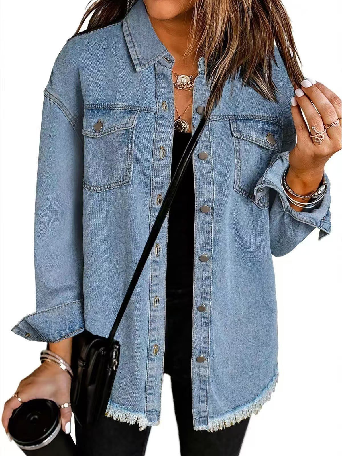 Collared Button-Front Frayed Hem Oversized Denim Jacket