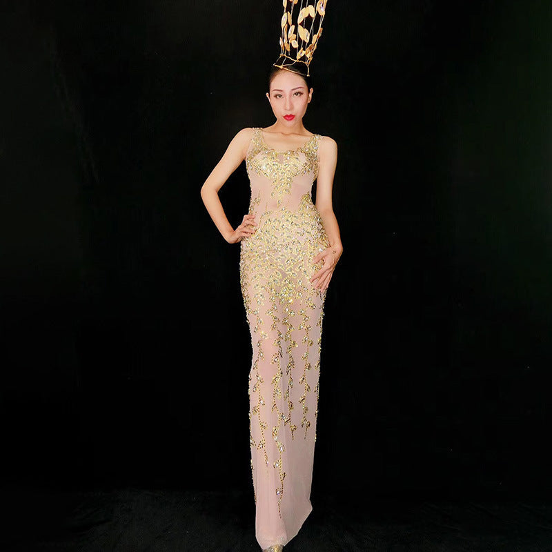 Floral Scoop Neck Rhinestone Beaded Sheer Mesh Mermaid Maxi Gown