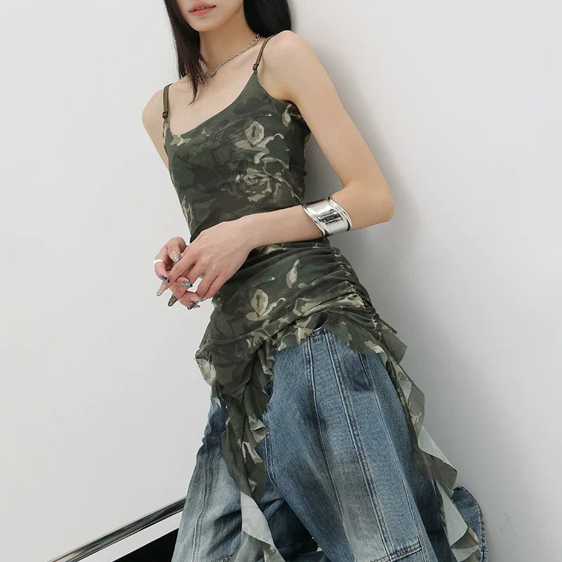 Black Asymmetric Ribbon Strap Tank Top With Ruffle Edge Design - chiclara