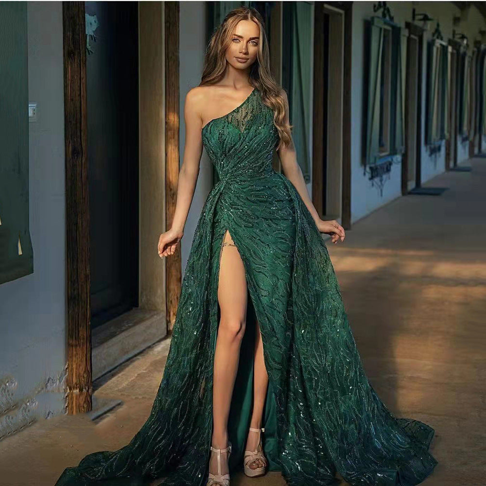 Off-Shoulder Slit Sequined Halter Dress