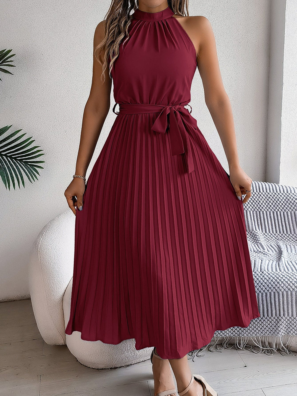 Halter Neck Sleeveless Belted Pleated A-Line Midi Dress