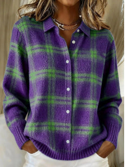 Purple/green Collared Tartan Plaid Knit Button-Front Long Sleeve Shirt