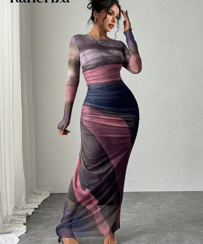 Round Neck Long Sleeve Mesh Tie Dye Ruched Bodycon Maxi Dress 10