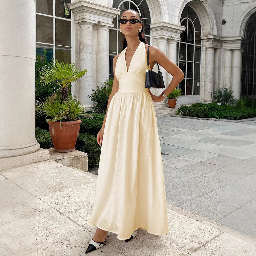 Cotton Waist V-Veck Tie-Down Dress