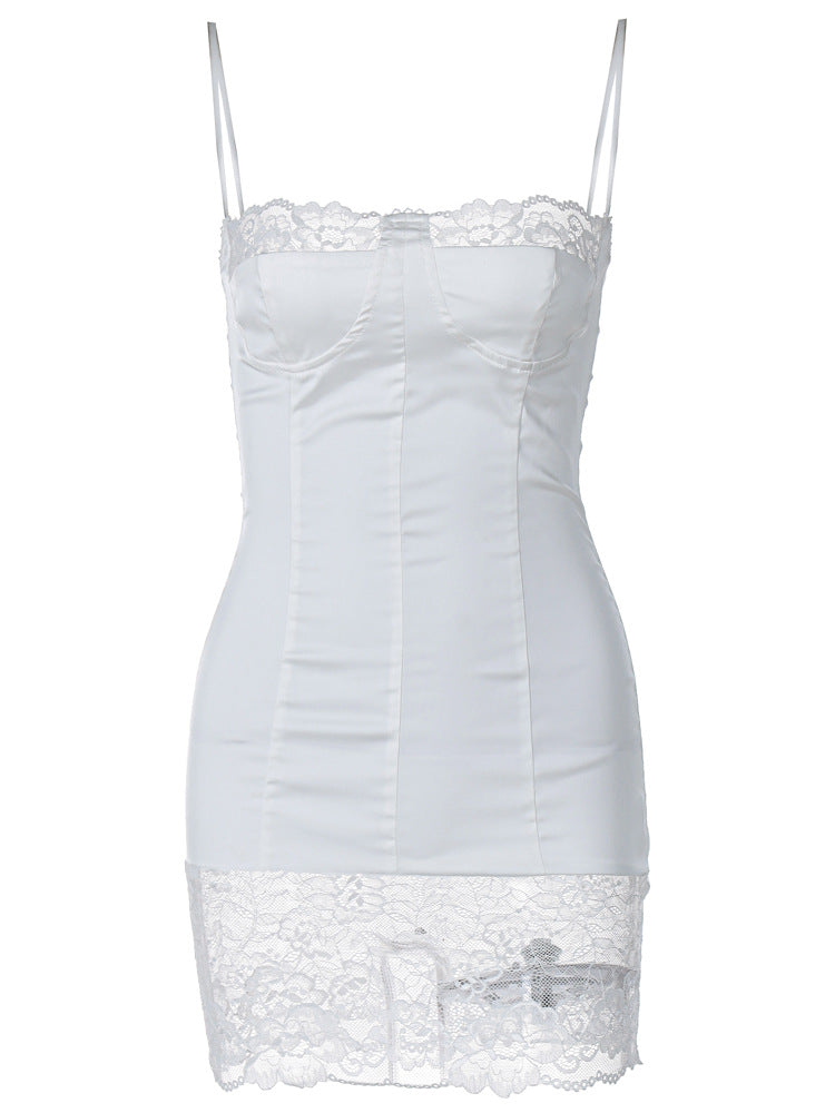 Spaghetti Strap Lace Trim Satin Corset Bodycon Midi Dress
