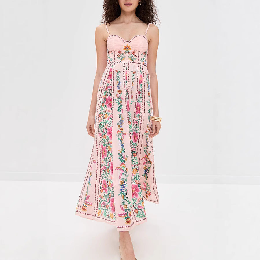Spaghetti Strap Sweetheart Neck Floral Print Smocked A-Line Maxi Dress
