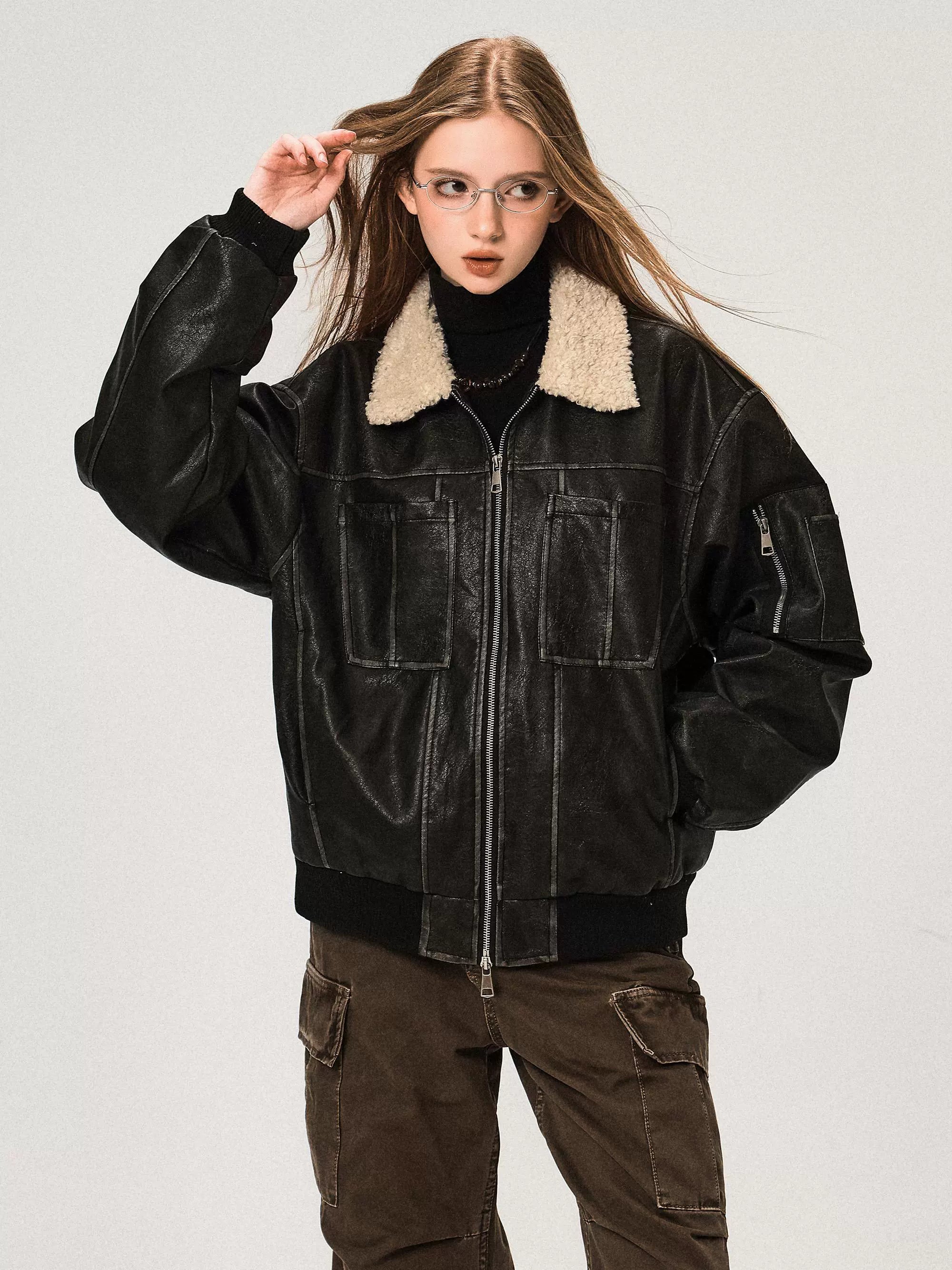 PU Leather Jacket with Lamb Wool Collar