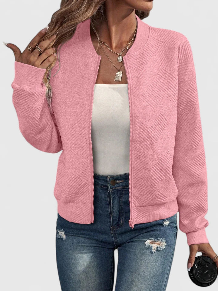 Stand Collar Textured Knit Zip Front Long Sleeve Bomber Jacket