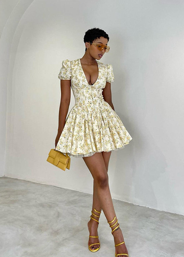 Sunlit Bloom Puff Sleeve Mini Dress