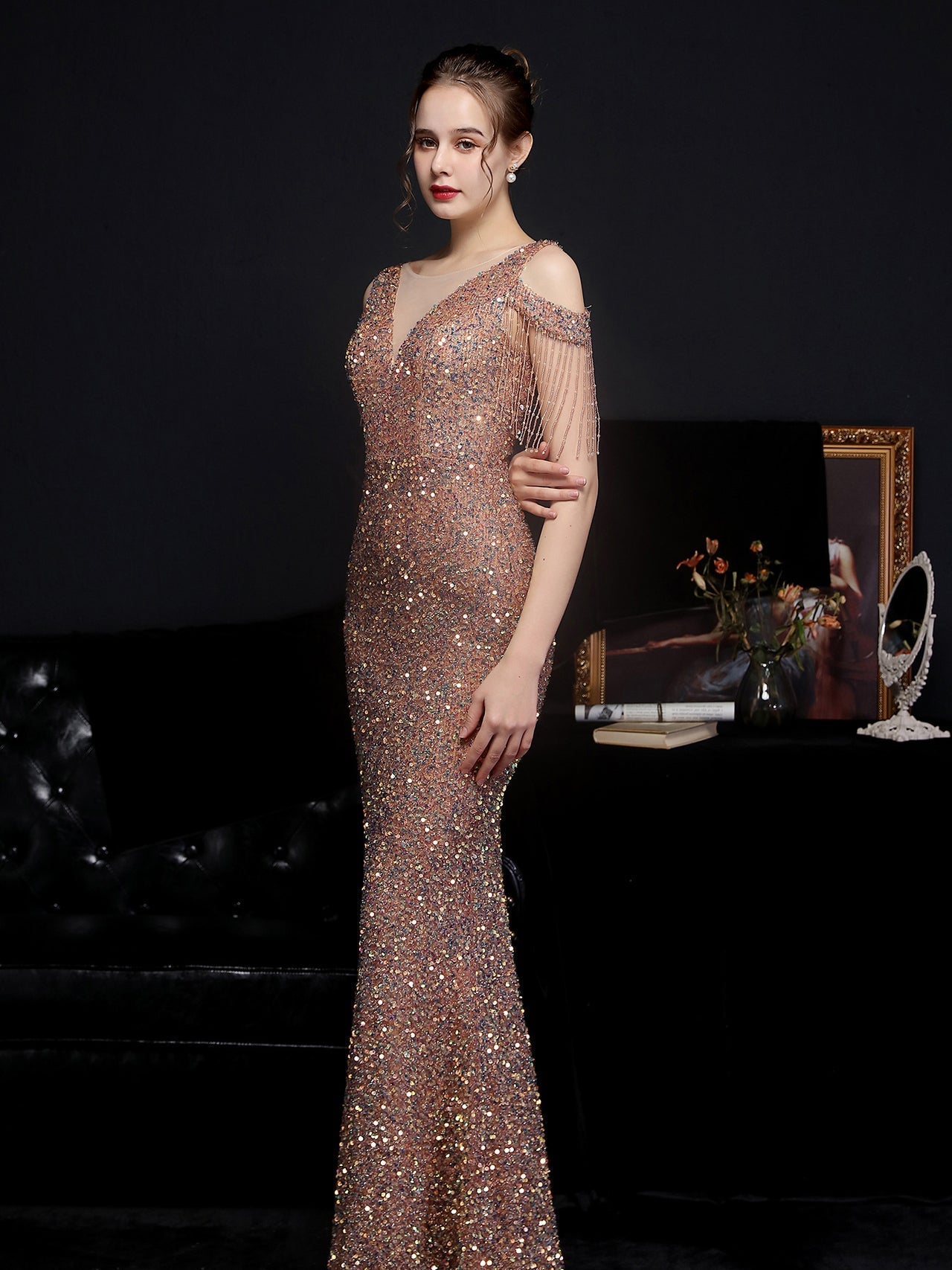 Shiny slim fishtail evening dress