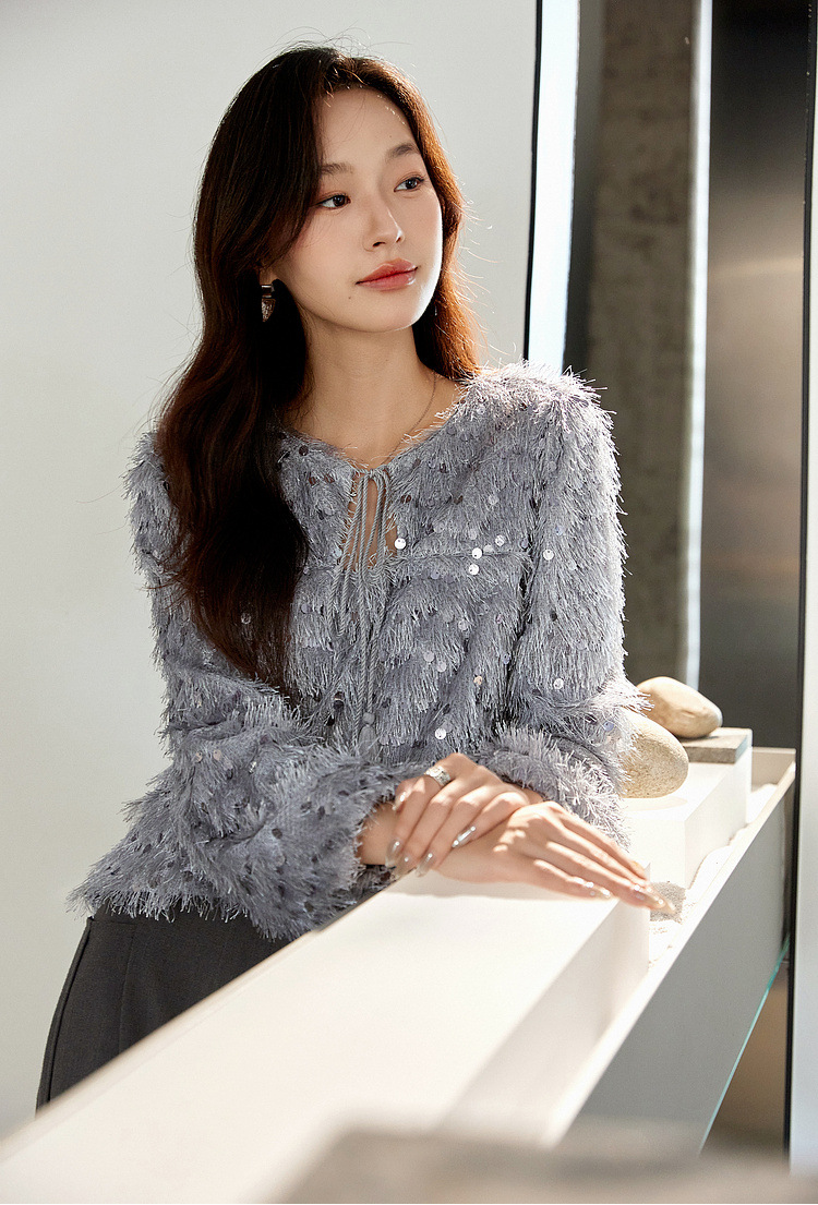 Sequin Fringe Crewneck Blouse �Elegant Straight Fit