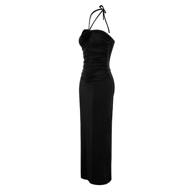 Halter Neck Rosette Applique Ruched Bodycon Maxi Dress 8
